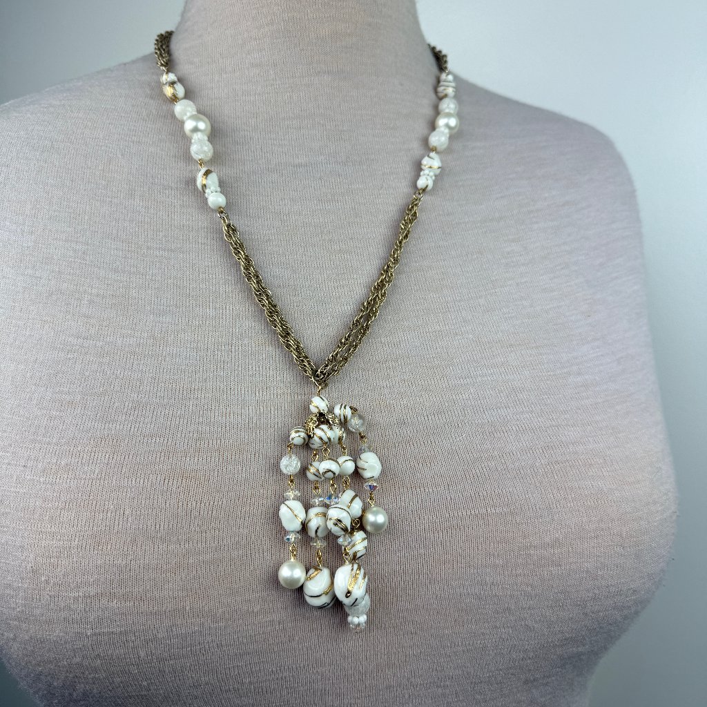 Vintage Coro Gold Tone Chain W Bead Tassel Dangle 26 36$